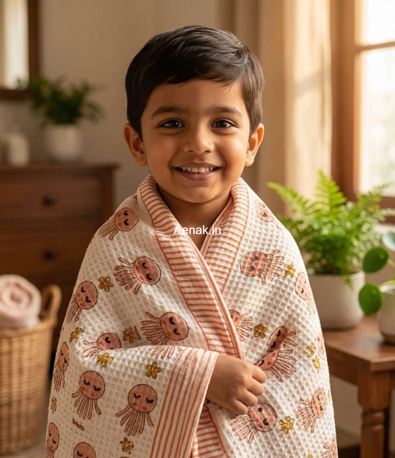 aenak-orange-octopus-handblock-printed-waffle-cotton-bathing-towel