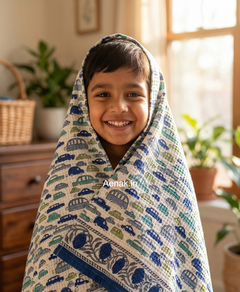 aenak-tiny-blue-cars-handblock-printed-waffle-cotton-bathing-towel