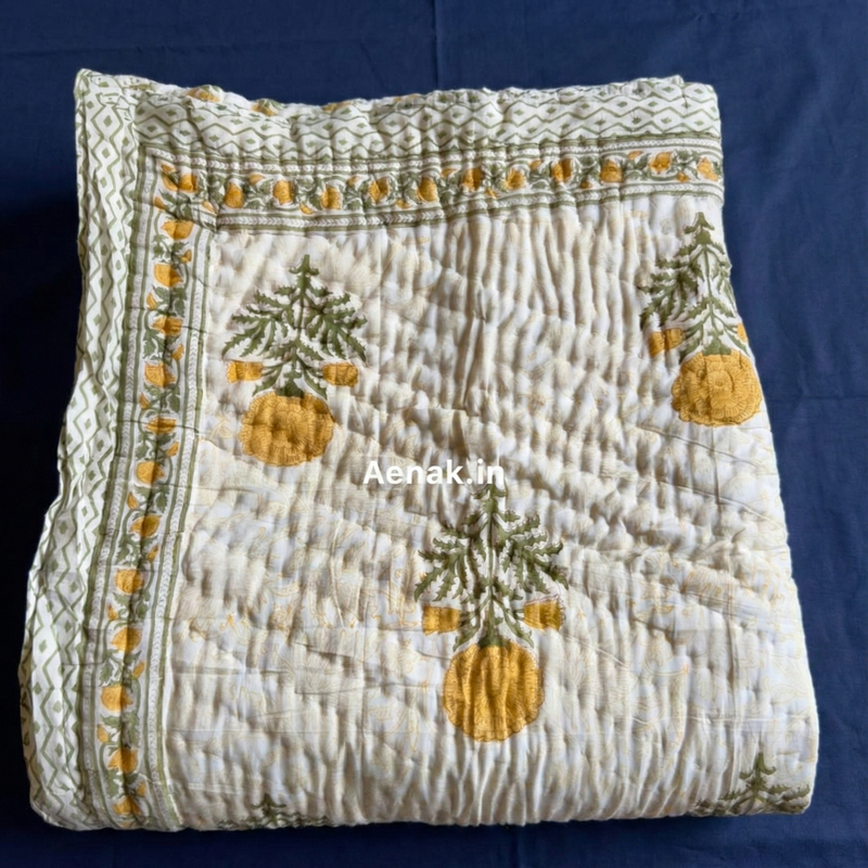 aenak-yellow-pani-jaal-handblock-bedsheet-quilt-combo-set