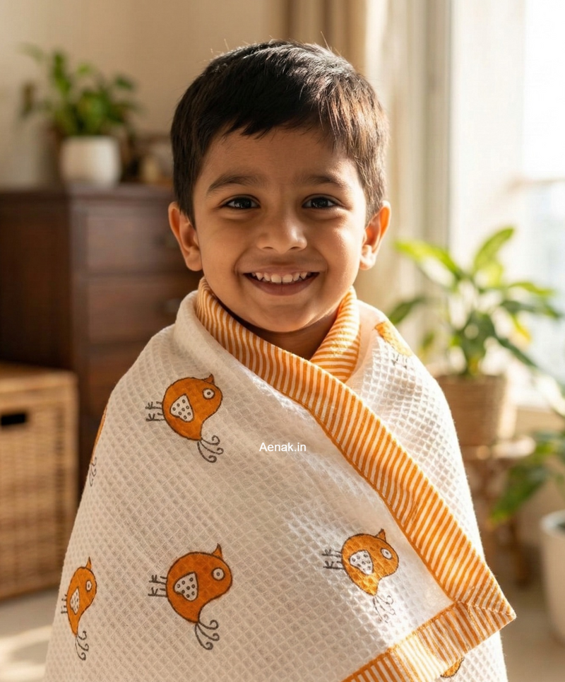 aenak-orange-sparrow-handblock-printed-waffle-cotton-bathing-towel