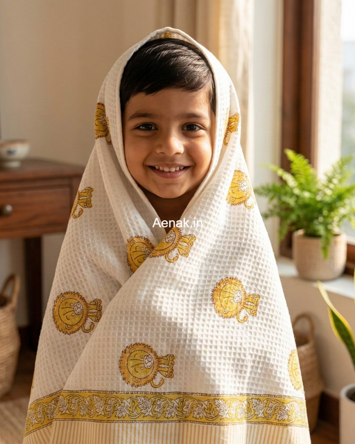 aenak-yellow-lion-handblock-printed-waffle-cotton-bathing-towel