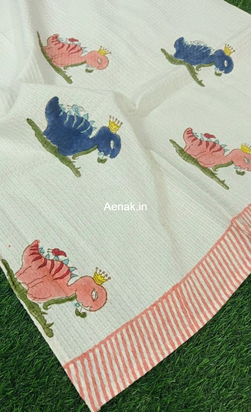 aenak-pink-blue-dinosaur-handblock-printed-waffle-cotton-bathing-towel