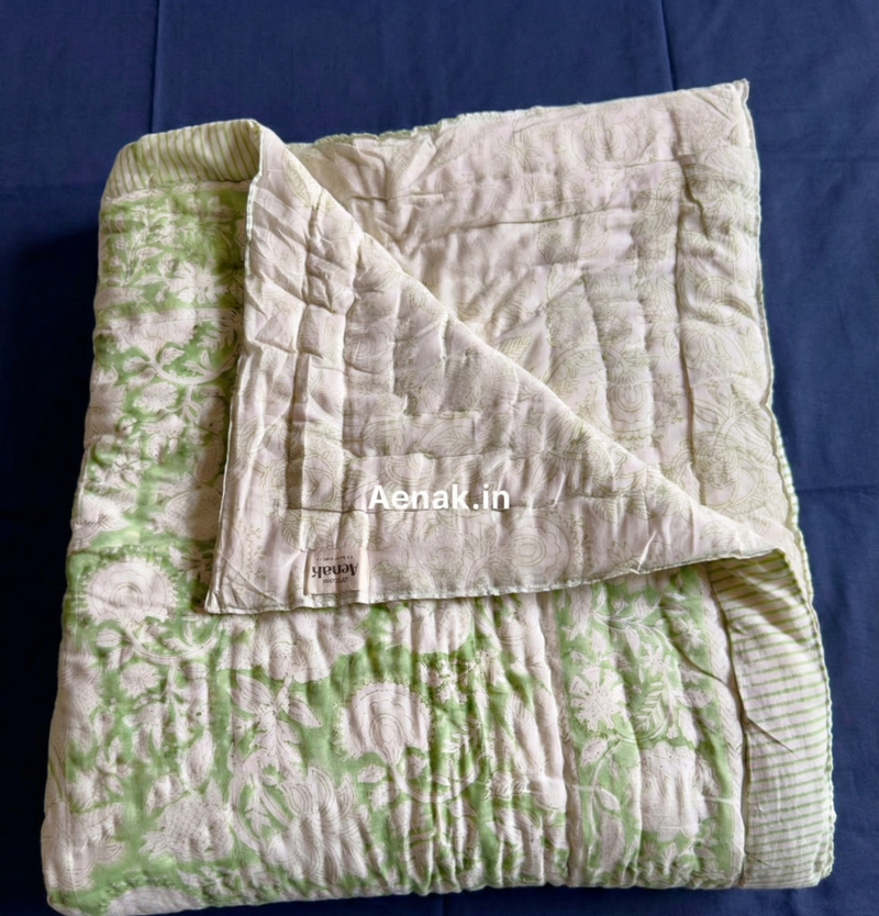 aenak-green-garden-handblock-printed-reversible-mulmul-cotton-quilt