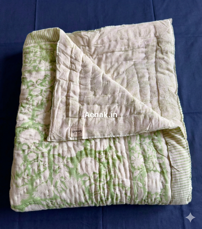 aenak-green-garden-handblock-bedsheet-quilt-combo-set