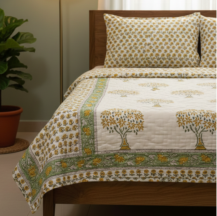 aenak-yellow-bodhi-tree-handblock-bedsheet-quilt-combo-set