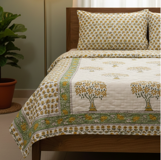 aenak-yellow-bodhi-tree-handblock-bedsheet-quilt-combo-set