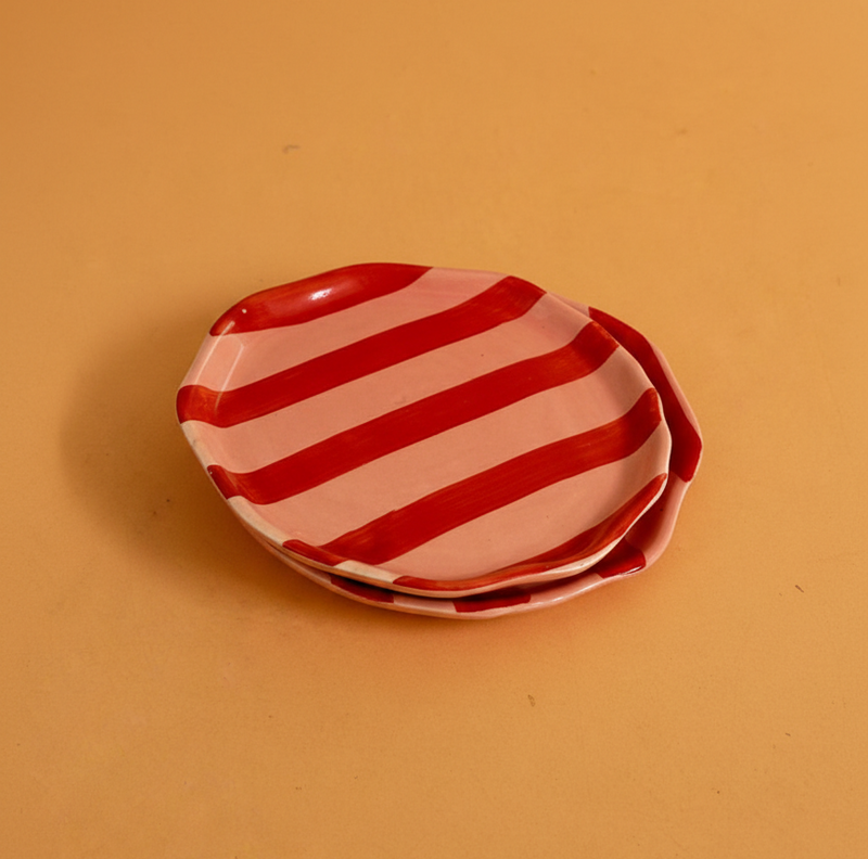 Nurture India Striped Side Plates Red Pink Glossy Glaze 2-Piece Set