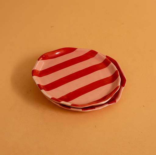 Nurture India Striped Side Plates Red Pink Glossy Glaze 2-Piece Set