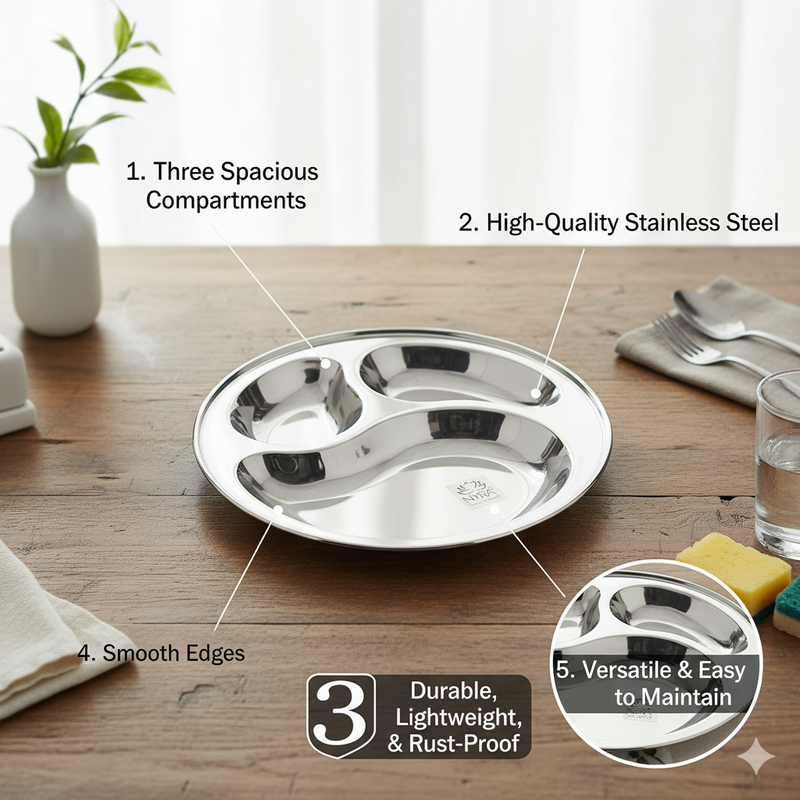 Stainless Steel 3-Compartment Dinner Plates – Kitchen Utensil