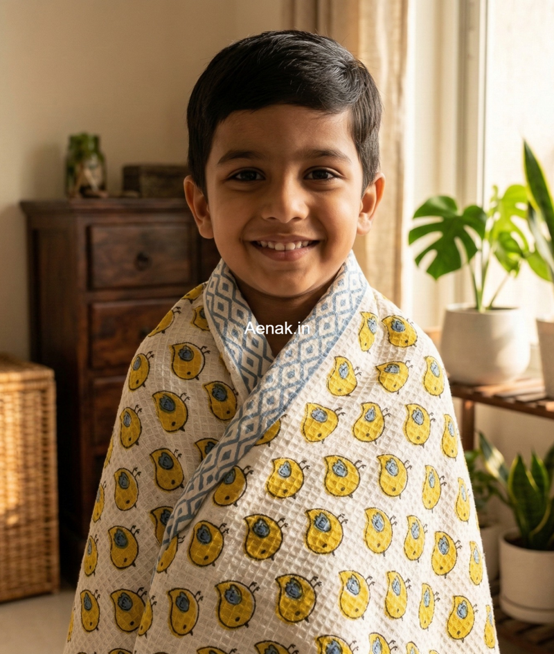 aenak-yellow-sparrow-handblock-printed-waffle-cotton-bathing-towel