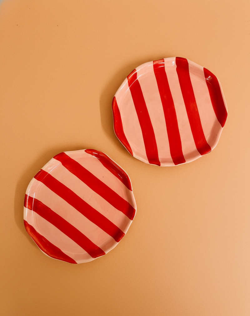 Nurture India Striped Side Plates Red Pink Glossy Glaze 2-Piece Set