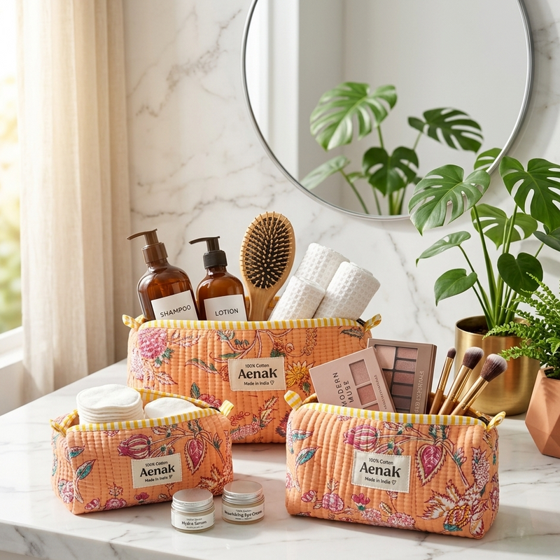 aenak-orange-floral-garden-quilted-vanity-pouches-set-of-3