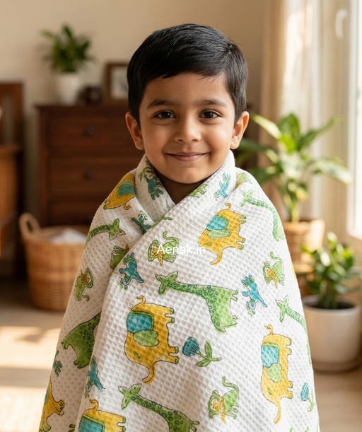 aenak-yellow-elephant-green-giraffe-handblock-printed-waffle-cotton-bathing-towel