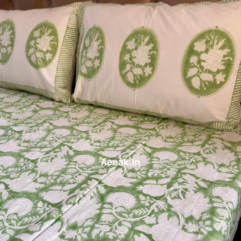 aenak-green-garden-handblock-printed-premium-cotton-fitted-bedsheet-set