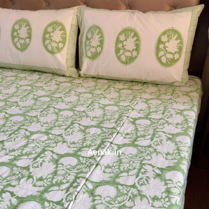 aenak-green-garden-handblock-printed-premium-cotton-fitted-bedsheet-set