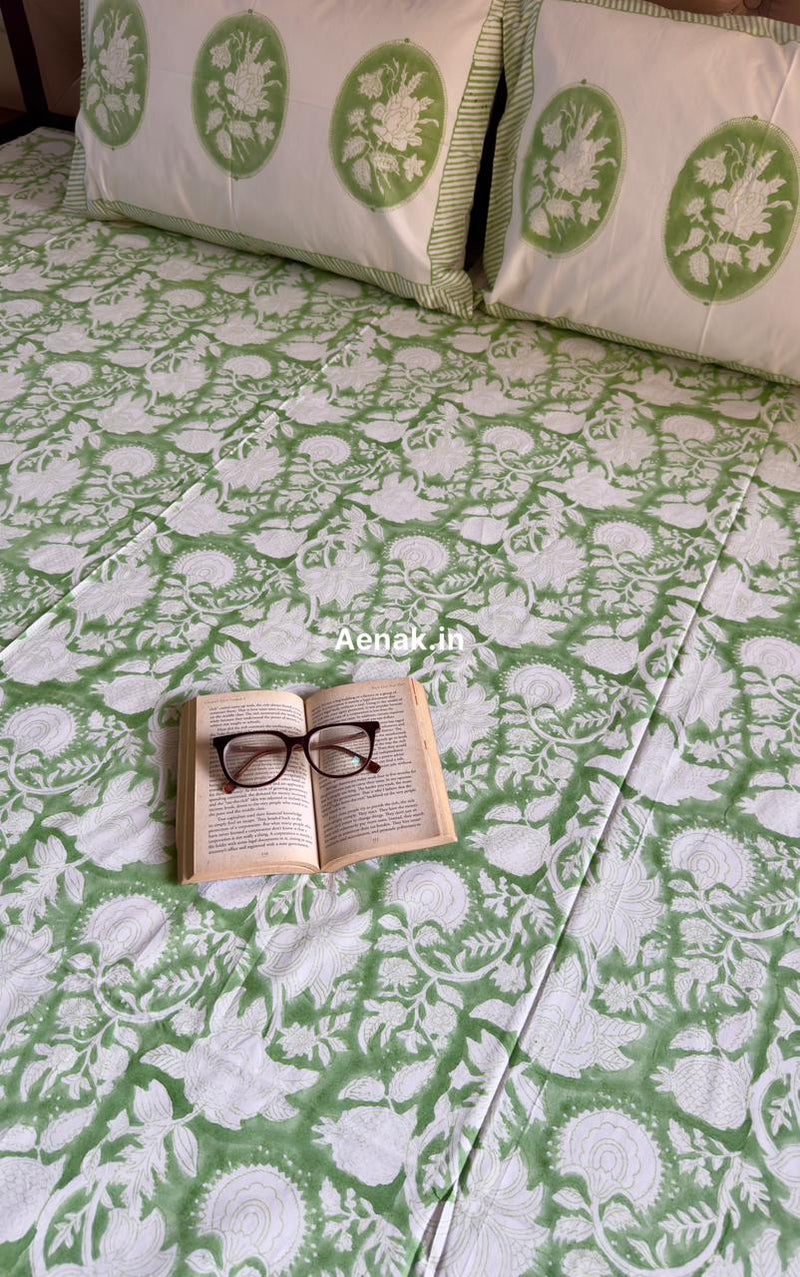 aenak-green-garden-handblock-printed-premium-cotton-fitted-bedsheet-set