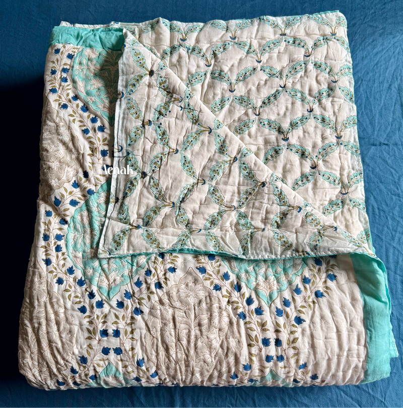 aenak-blue-jaal-handblock-bedsheet-quilt-combo-set