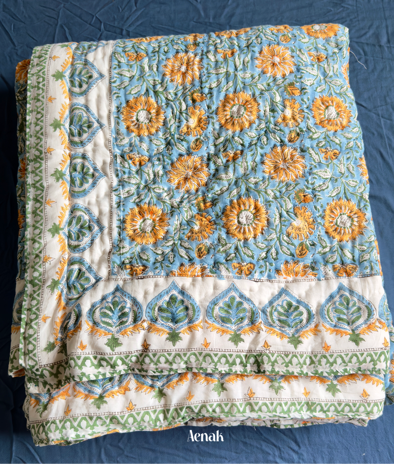 aenak-blue-yellow-floral-garden-handblock-printed-reversible-mulmul-cotton-quilt