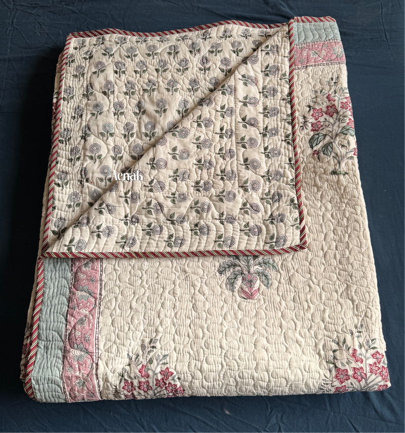 aenak-pink-floral-green-palm-handblock-printed-reversible-quilted-bedcover-set