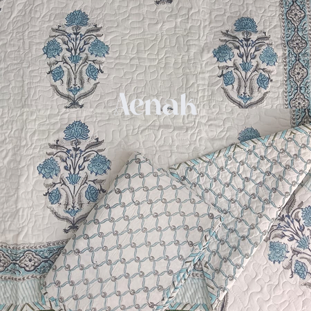 aenak-teal-blue-handblock-bedsheet-quilted-bedcover-combo-set