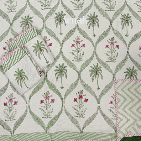 aenak-green-palm-handblock-bedsheet-quilted-bedcover-combo-set