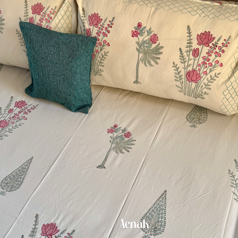 aenak-green-ashoka-handblock-bedsheet-dohar-combo-set-beige-base