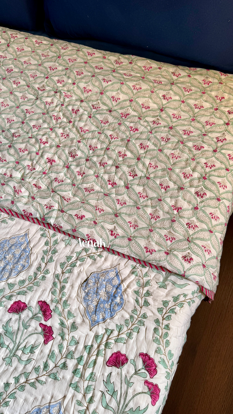 aenak-pink-poppy-handblock-printed-reversible-mulmul-cotton-quilt-light-beige-base