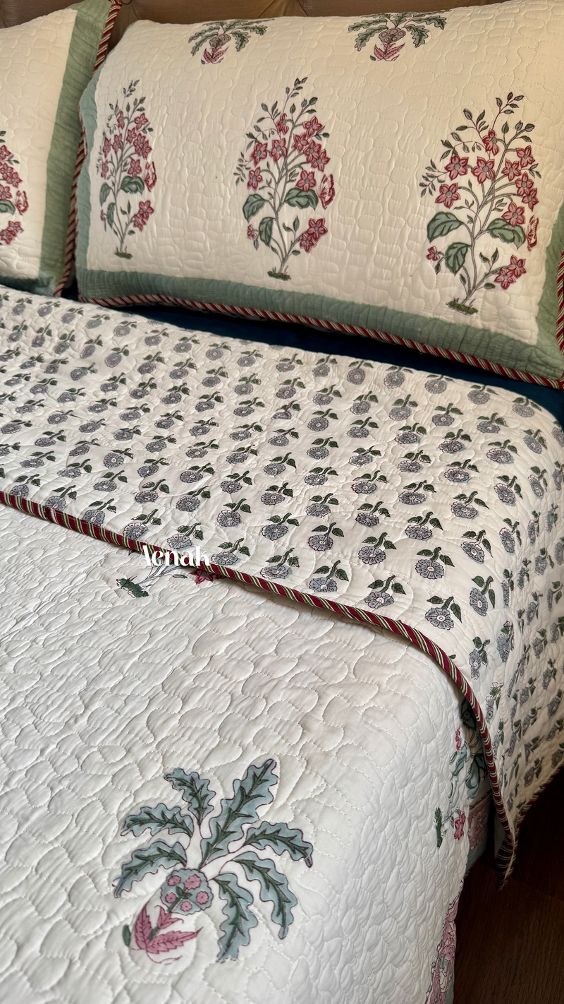 aenak-pink-floral-green-palm-handblock-printed-reversible-quilted-bedcover-set