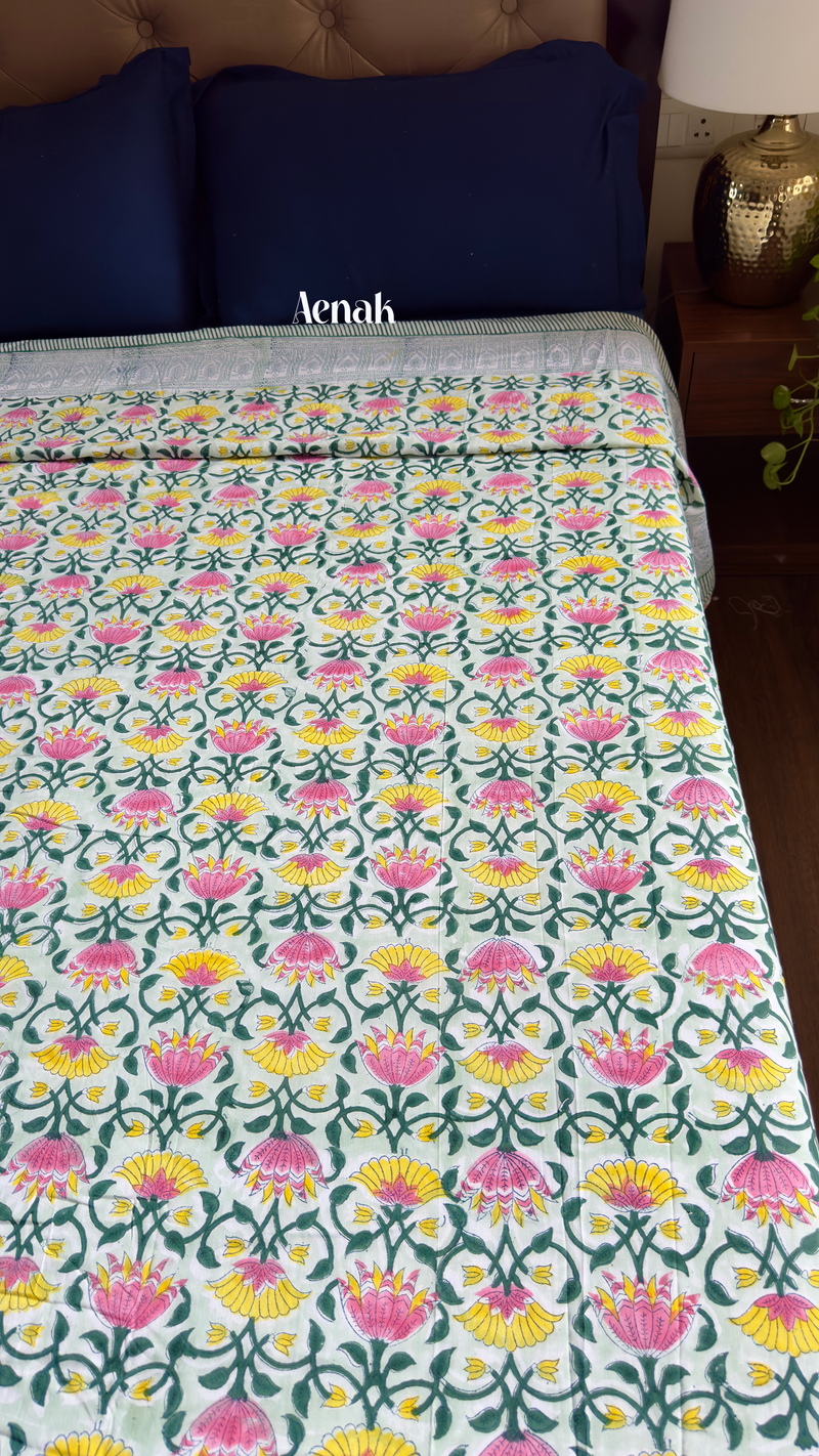aenak-pink-yellow-lotus-handblock-printed-mulmul-cotton-reversible-dohar