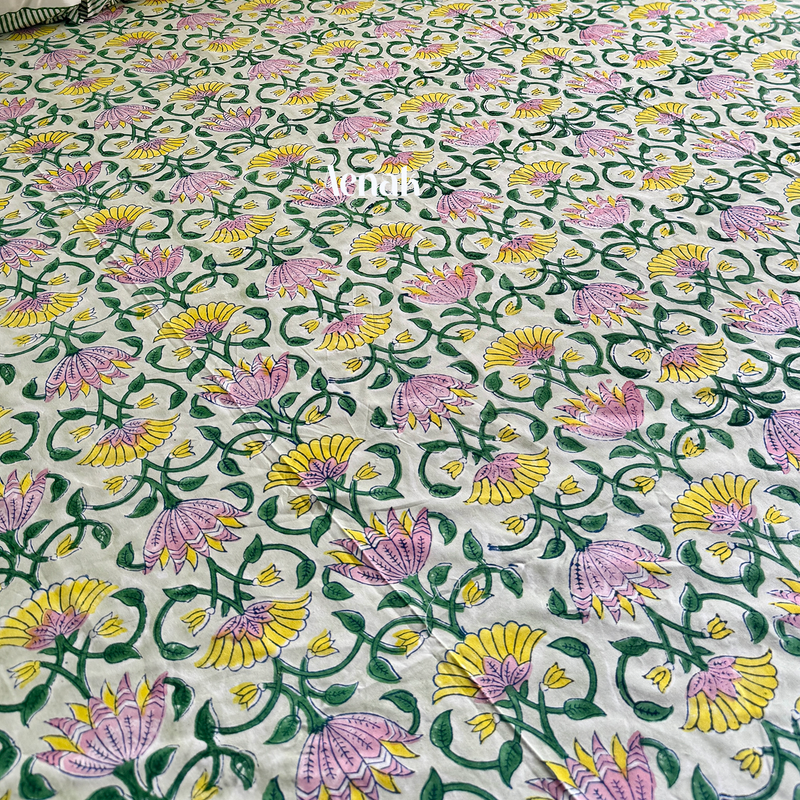 aenak-pink-yellow-lotus-handblock-printed-premium-cotton-set-bedsheet