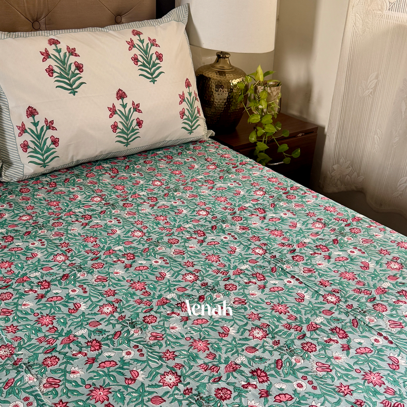 aenak-sage-green-floral-handblock-printed-premium-cotton-set-bedsheet