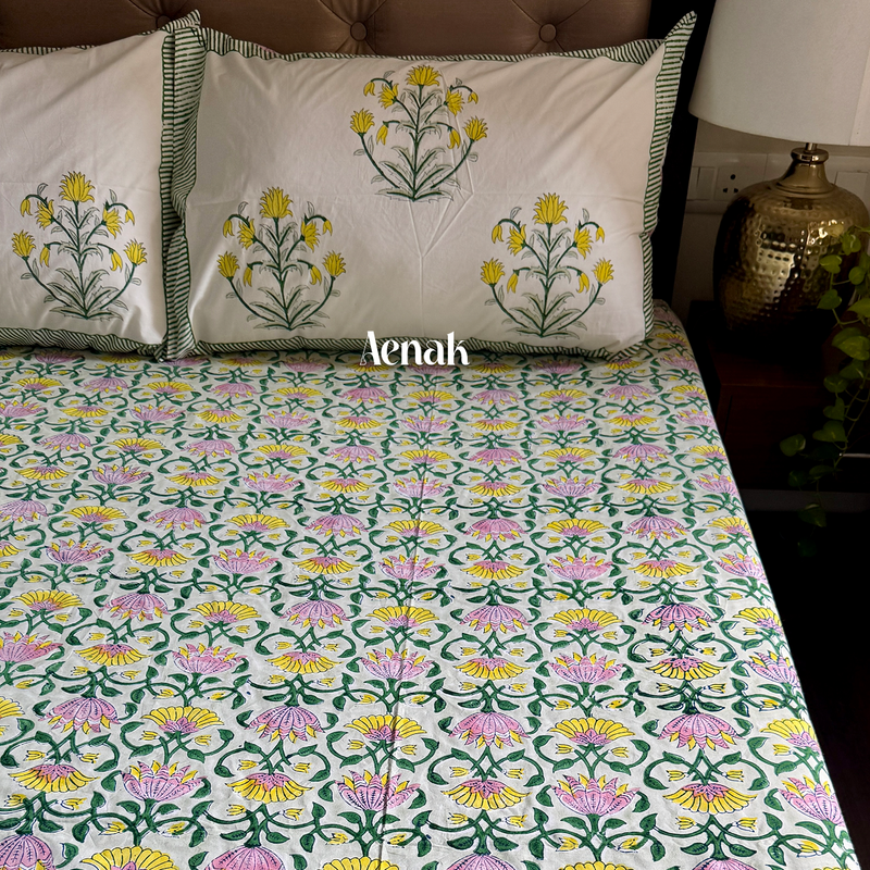 aenak-pink-yellow-lotus-handblock-printed-premium-cotton-fitted-bedsheet-set