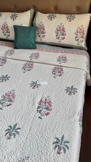 aenak-pink-floral-green-palm-handblock-printed-reversible-quilted-bedcover-set