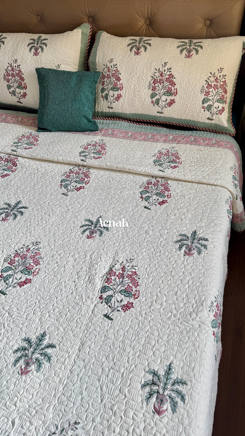 aenak-pink-floral-green-palm-handblock-printed-reversible-quilted-bedcover-set