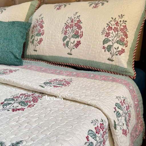 aenak-pink-floral-green-palm-handblock-printed-reversible-quilted-bedcover-set