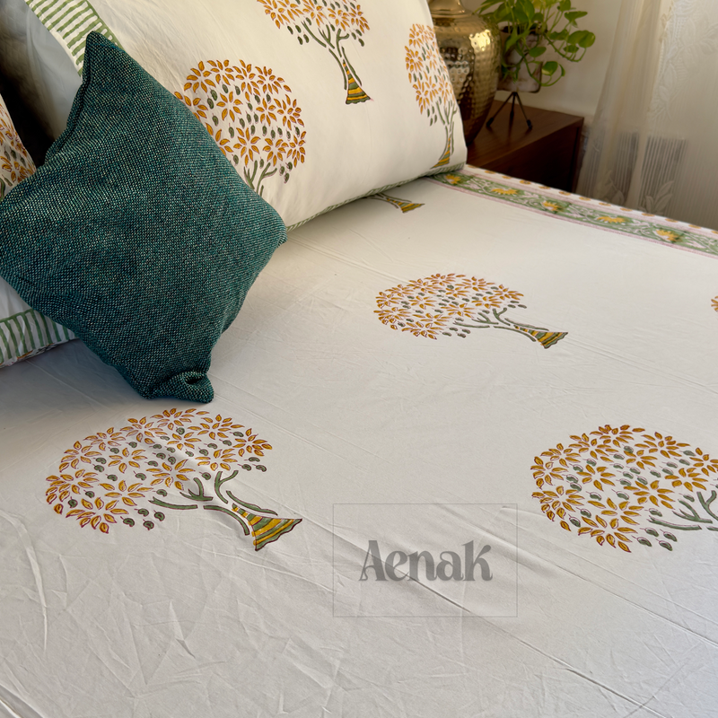 aenak-yellow-bodhi-tree-handblock-printed-premium-cotton-fitted-bedsheet-set