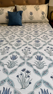 aenak-blue-lotus-handblock-bedsheet-straight-quilted-bedcover-combo-set