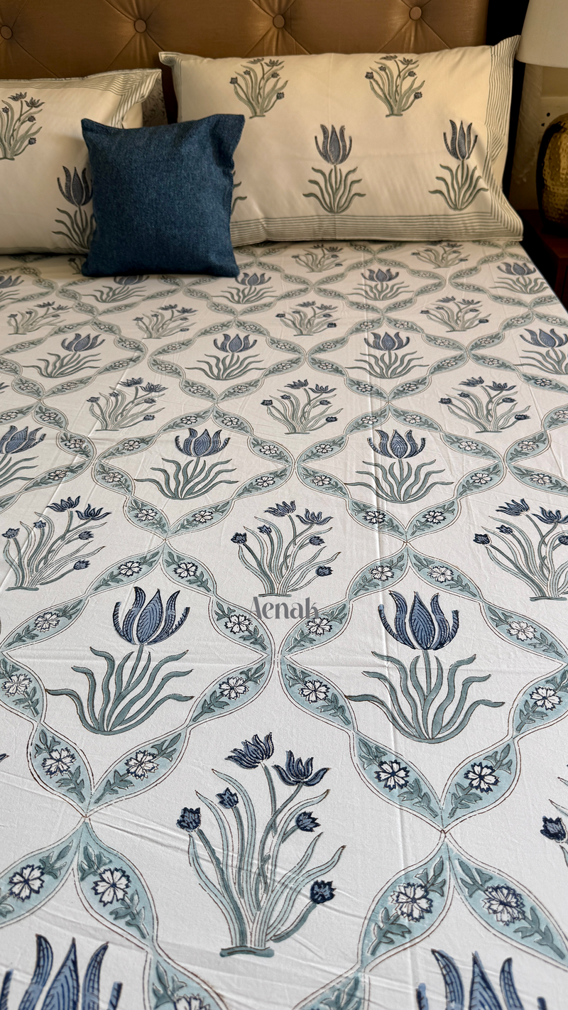 aenak-blue-lotus-handblock-bedsheet-straight-quilted-bedcover-combo-set