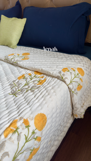 aenak-yellow-marigold-handblock-bedsheet-quilt-combo-set