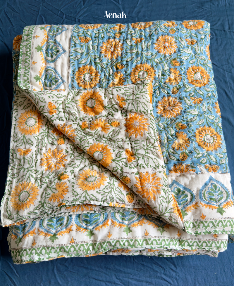 aenak-blue-yellow-floral-garden-handblock-printed-reversible-mulmul-cotton-quilt