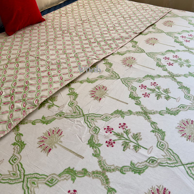 aenak-pink-palm-jaal-handblock-bedsheet-dohar-combo-set