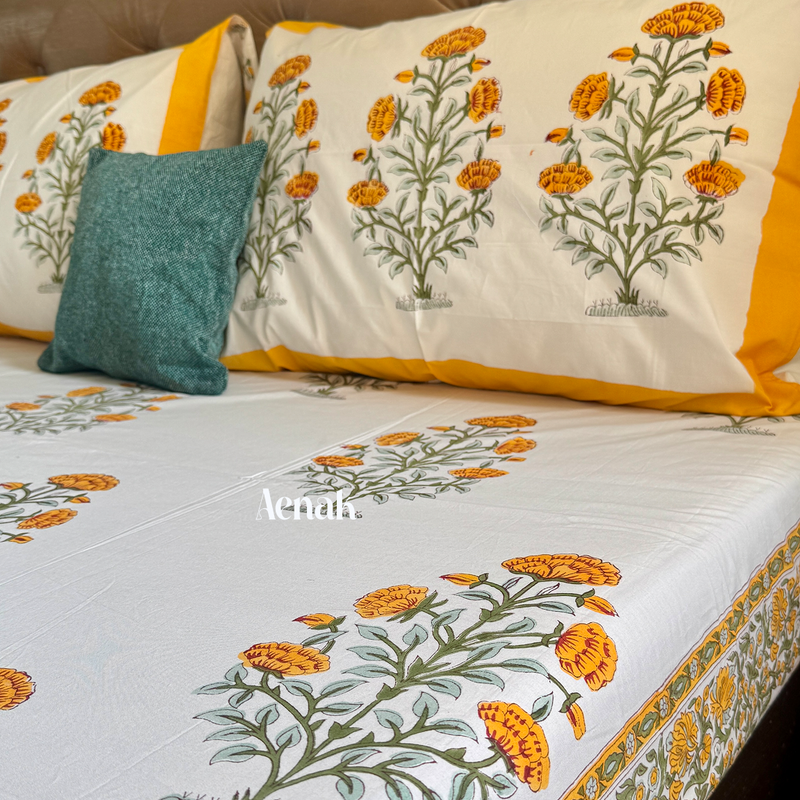 aenak-turmeric-yellow-marigold-handblock-bedsheet-dohar-combo-set