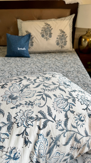 aenak-blue-phool-boota-handblock-premium-cotton-fitted-bedsheet-set