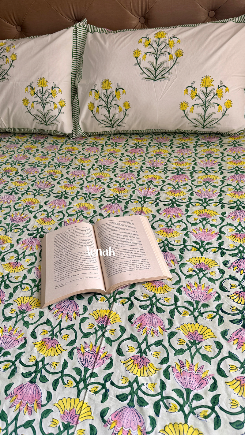 aenak-pink-yellow-lotus-handblock-printed-premium-cotton-fitted-bedsheet-set