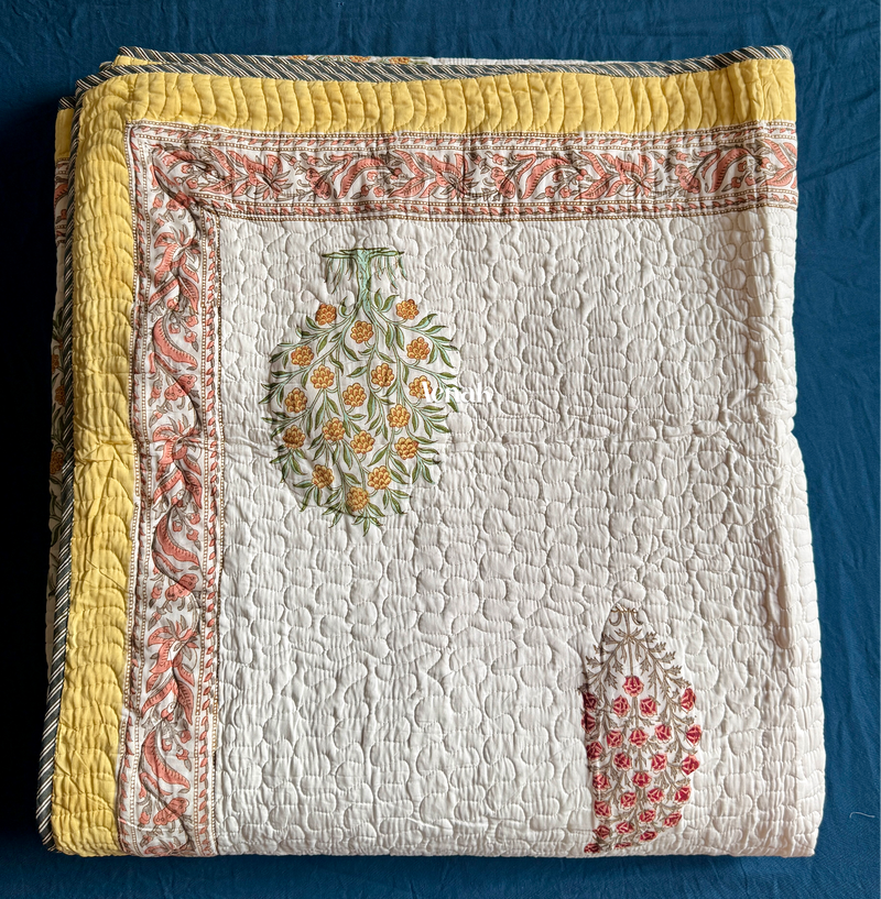 aenak-yellow-red-phool-boota-handblock-printed-reversible-quilted-bedcover-set-105x108