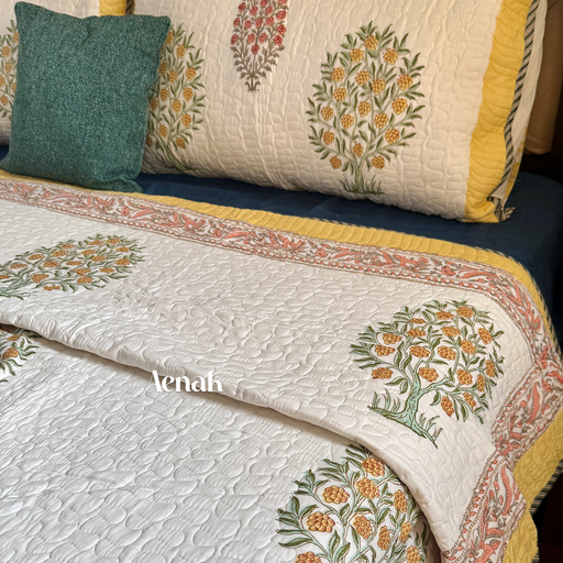 aenak-yellow-red-phool-boota-handblock-printed-reversible-quilted-bedcover-set
