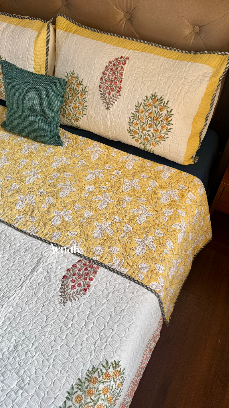 aenak-yellow-red-phool-boota-handblock-printed-reversible-quilted-bedcover-set