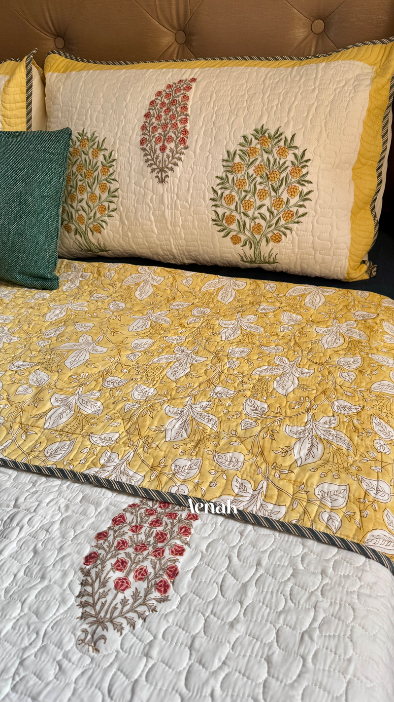 aenak-yellow-red-phool-boota-handblock-printed-reversible-quilted-bedcover-set