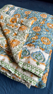 aenak-blue-yellow-floral-garden-handblock-printed-reversible-mulmul-cotton-quilt