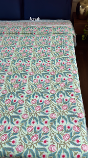 aenak-green-lotus-handblock-printed-mulmul-cotton-reversible-dohar